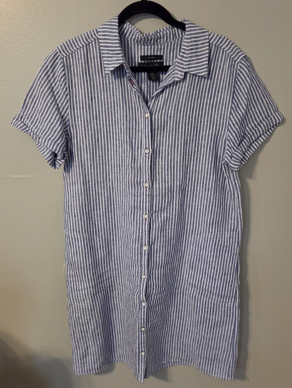 Tahari Women's 100% Linen Shirt Dress Blue Coastal Grandma Minimalist Sz L - Picture 2 of 9